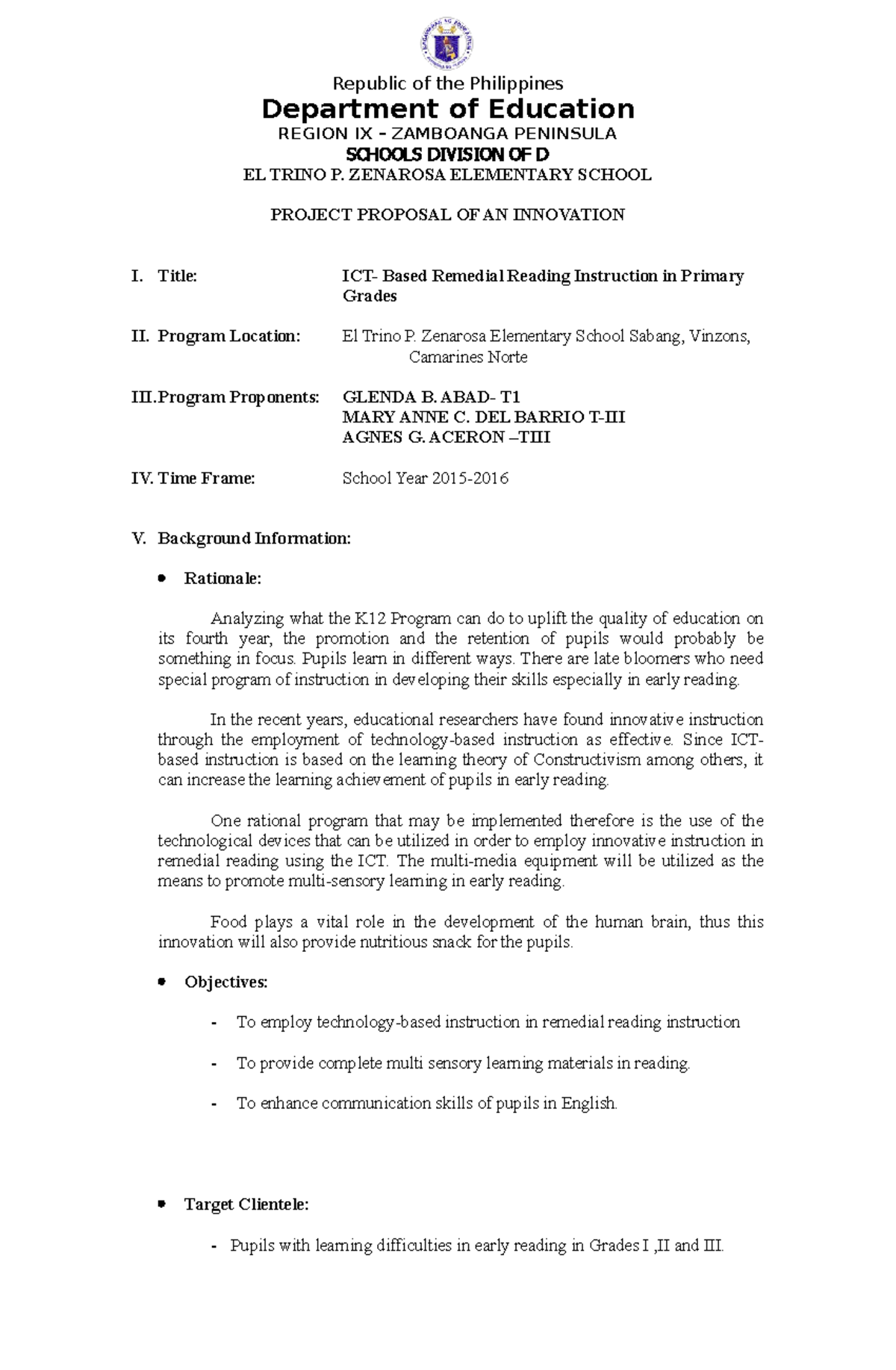 Innovation proposal - Department of Education REGION IX – ZAMBOANGA ...