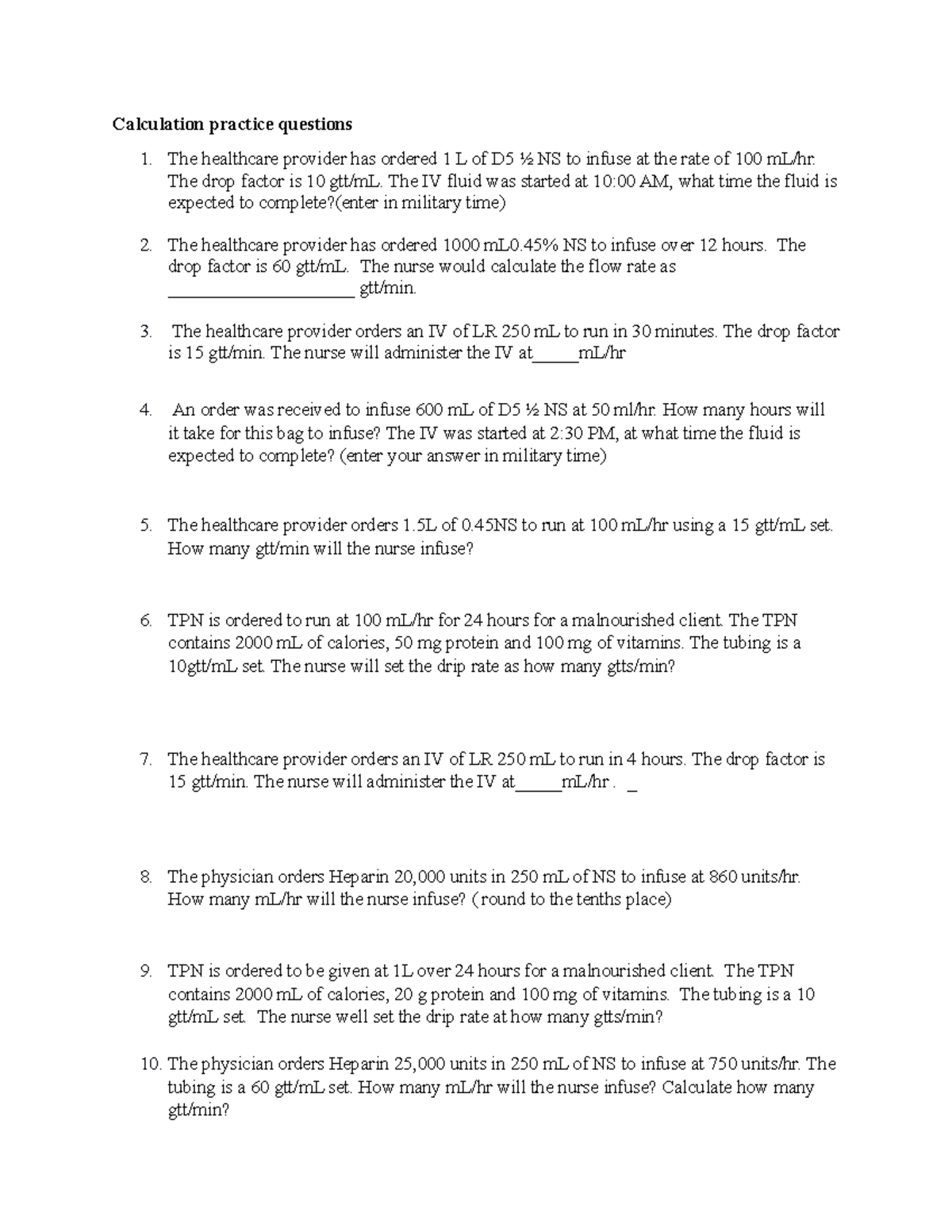 1105 1V Calculation Questions 3-9-22 - Calculation practice questions ...