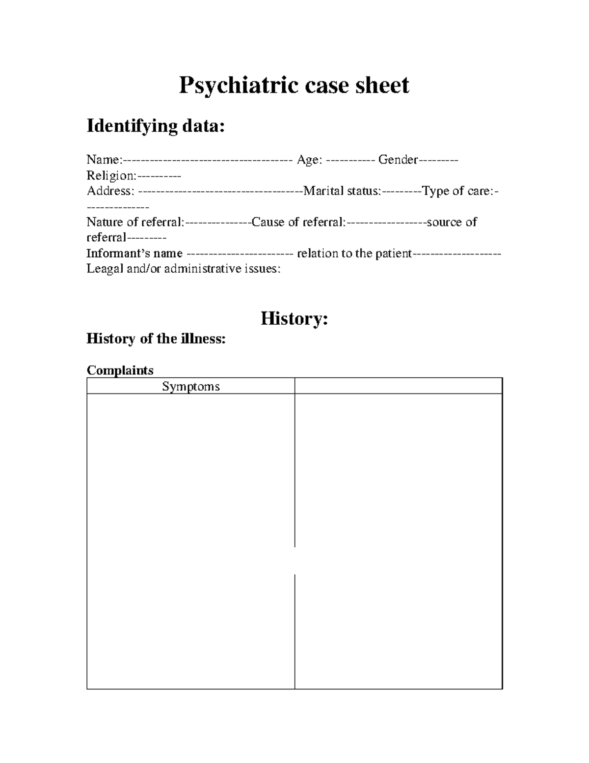 psychiatric case study format