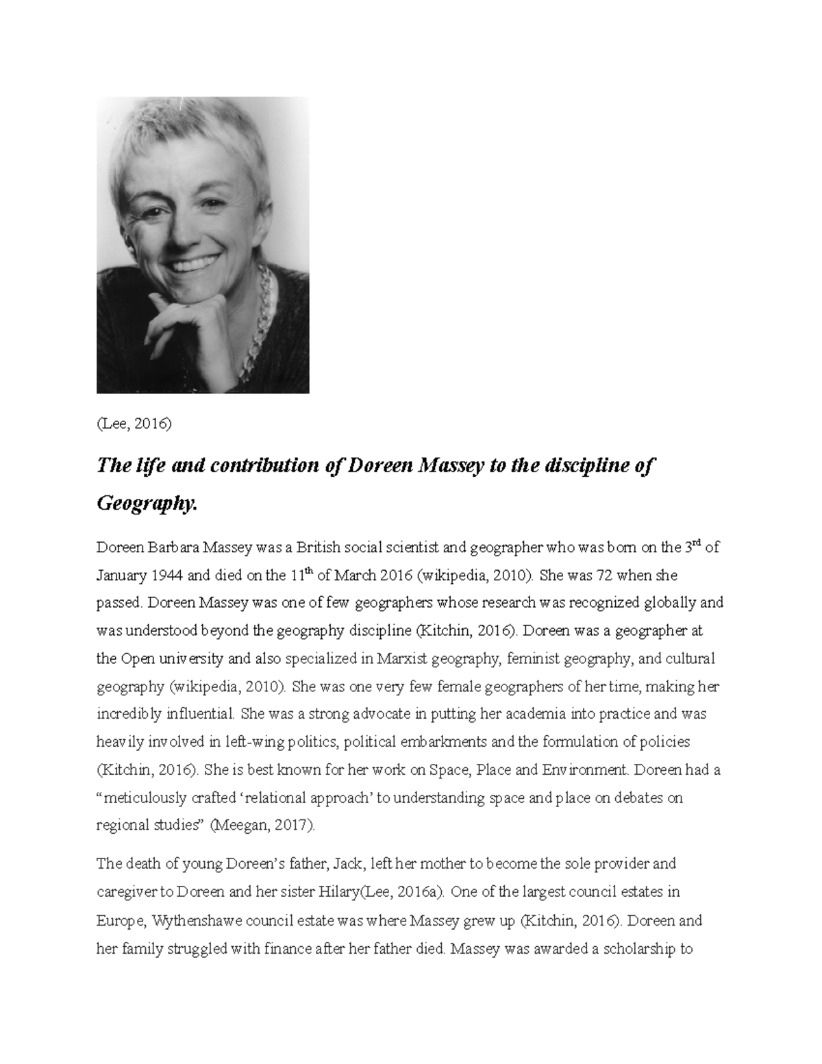 Doreen Massey essay - (Lee, 2016) The life and contribution of Doreen ...