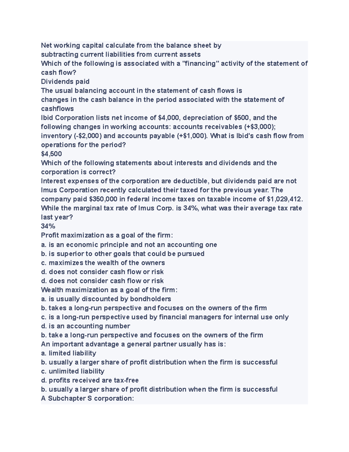 CORP Finance UKY EXAM REVIEW HELP Net working capital calculate