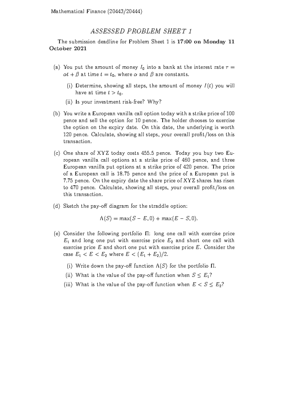Mathematical Finance Assessed Problem Sheet 1 - Mathematical Finance ...