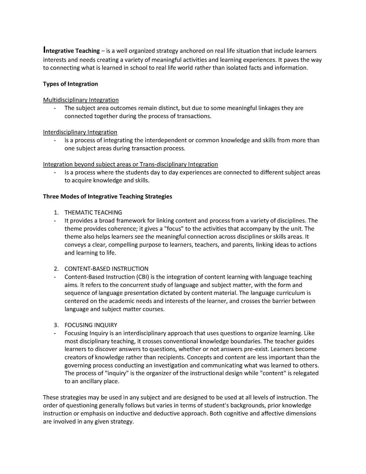 Integration 2 - Integrative Teaching – is a well organized strategy ...