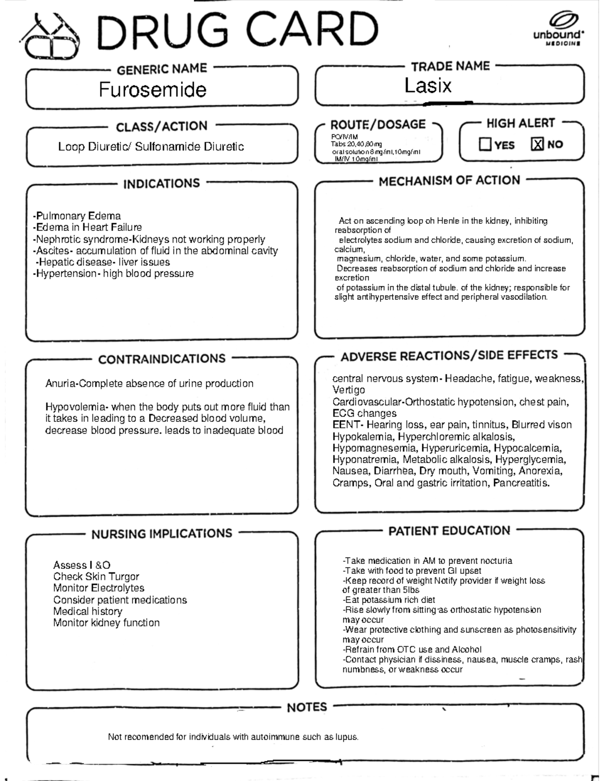Lasix Drug card - NUR 120 - Studocu