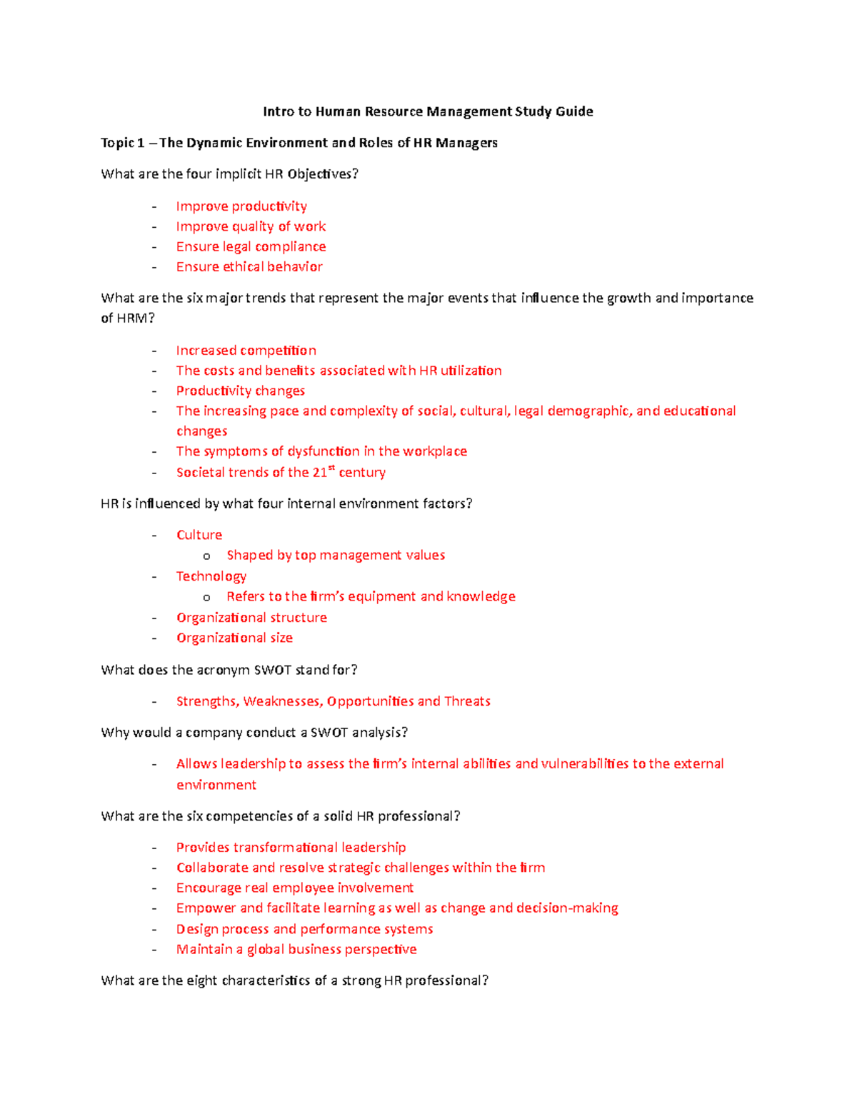 Intro To Human Resource Management Study Guide - HR Specialist O ...