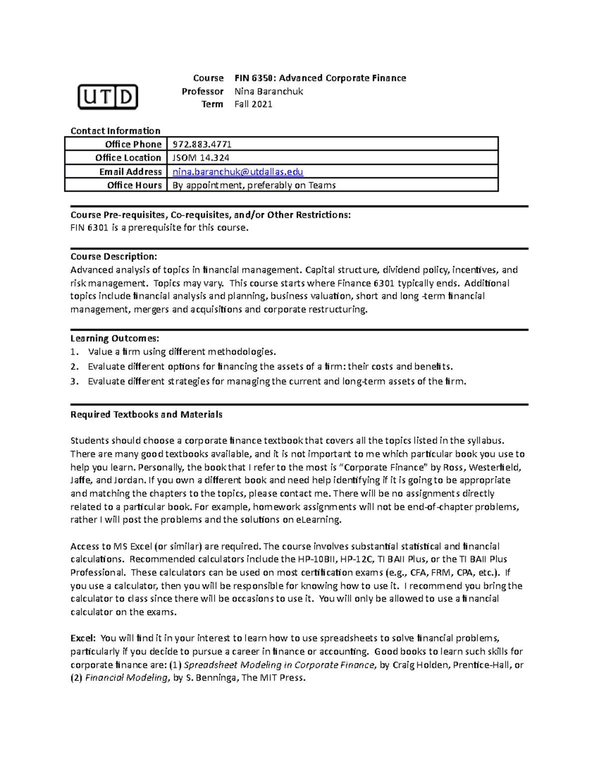 Fin6350 Syllabus F 21(3) - Contact Information Office Phone 972. Office  Location JSOM 14. Email - StuDocu