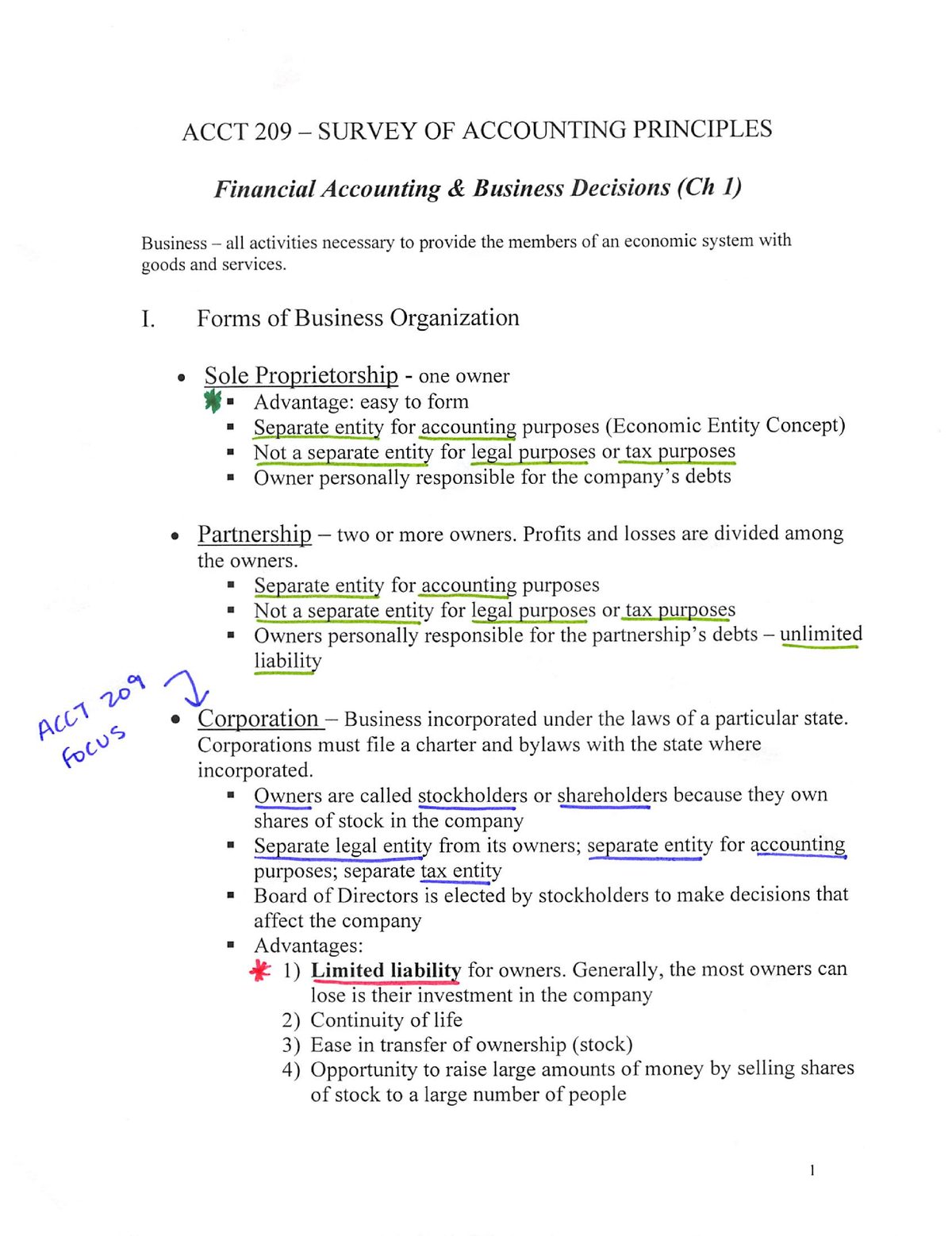 ACCT 209 - Chapter 1 Notes - ACC 2301 - Studocu