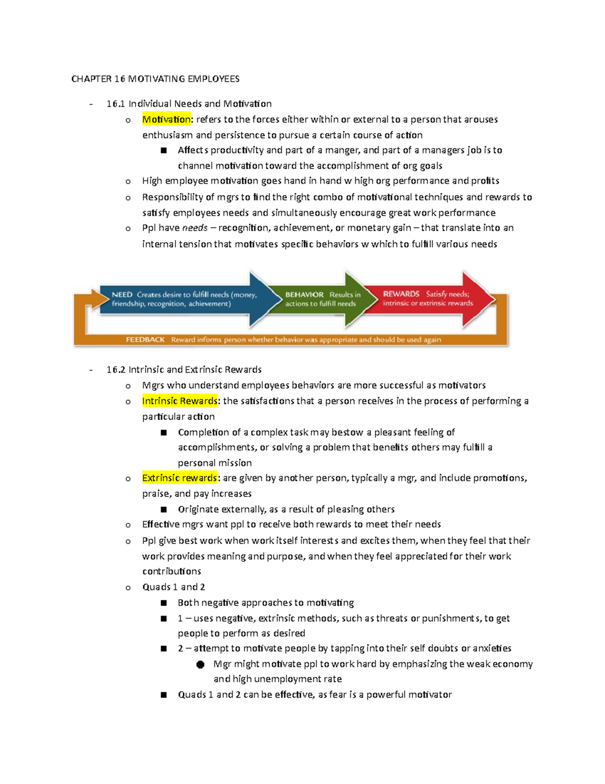 MGT Ch 16 Notes - CHAPTER 16 MOTIVATING EMPLOYEES - 16 Individual Needs ...