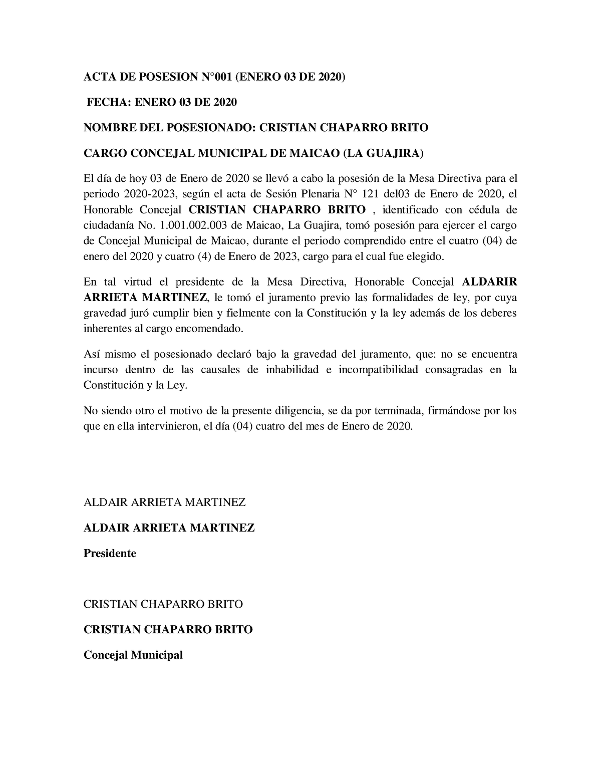 Acta De Posesion N Un Buen Documento Acta De Posesion N°001 Enero