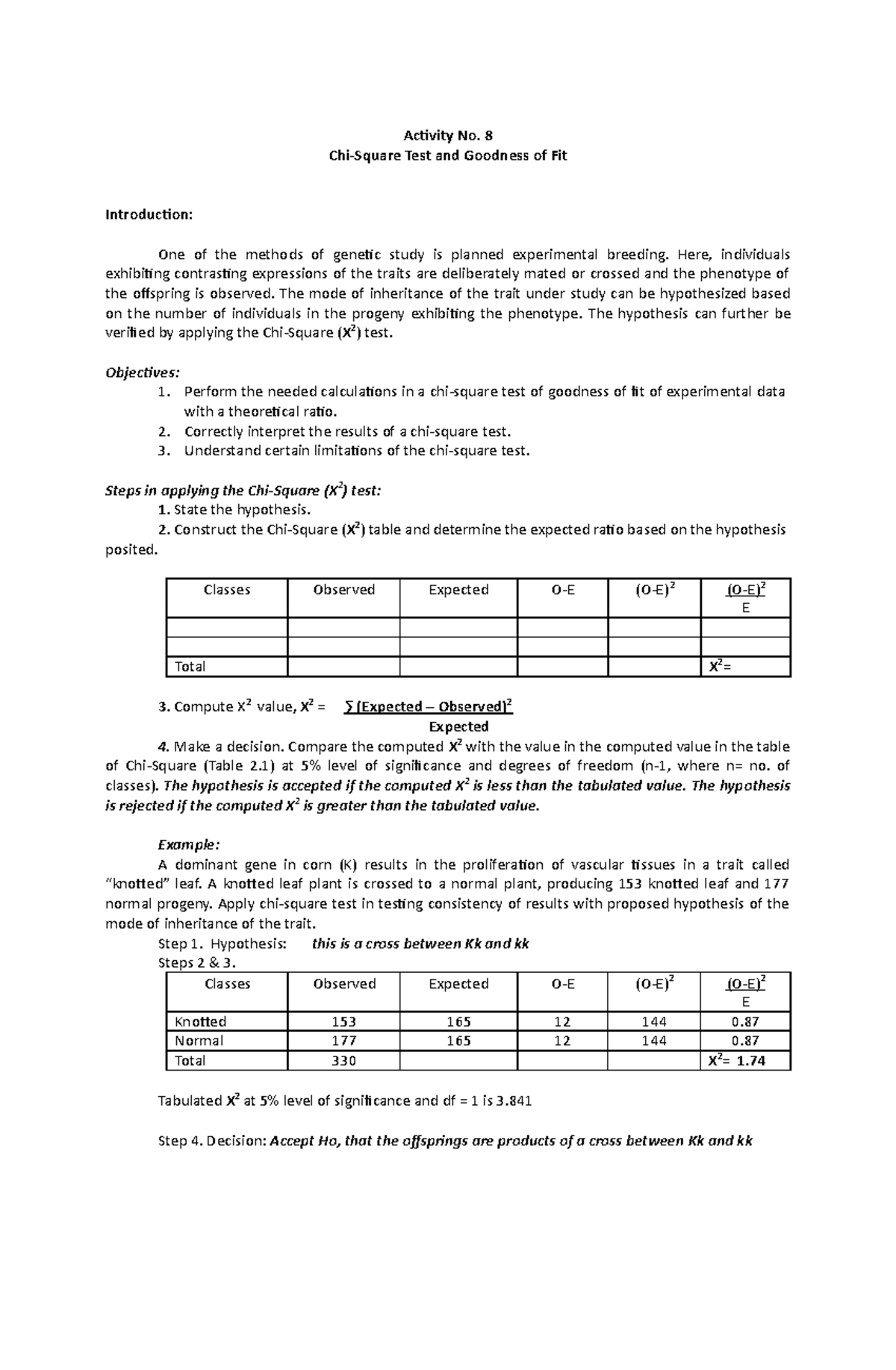 Act-8Chi-Square Test and Goodness of Fit - Activity No. 8 Chi-Square ...