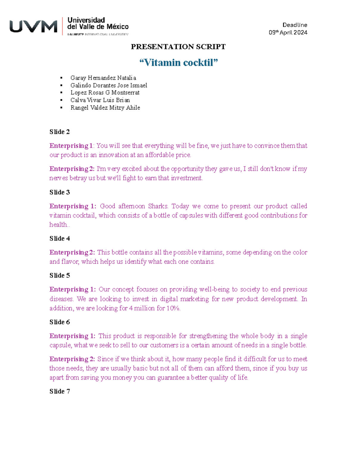 Presentation Script - Deadline 09 th April 2024 PRESENTATION SCRIPT ...
