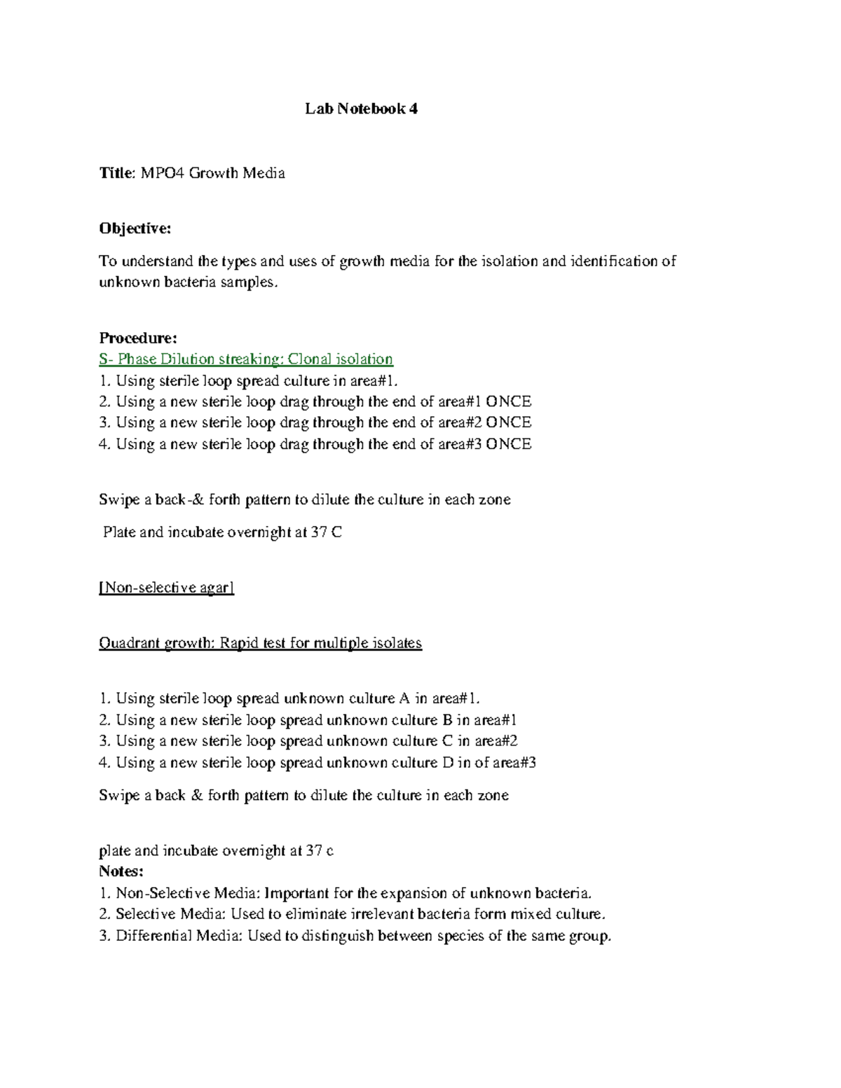 Lab Notebook 4 - lab notes - Lab Notebook 4 Title: MPO4 Growth Media ...