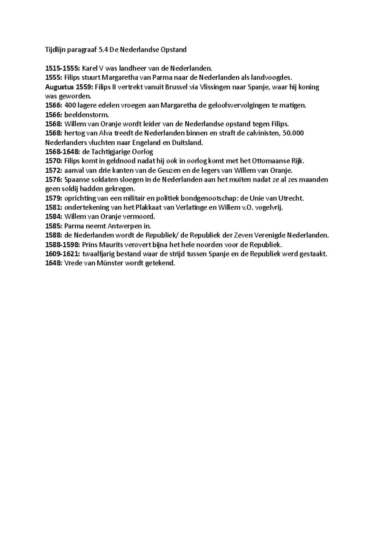 Tijdlijn de Nederlandse Opstand Tijdlijn paragraaf 5 De Nederlandse