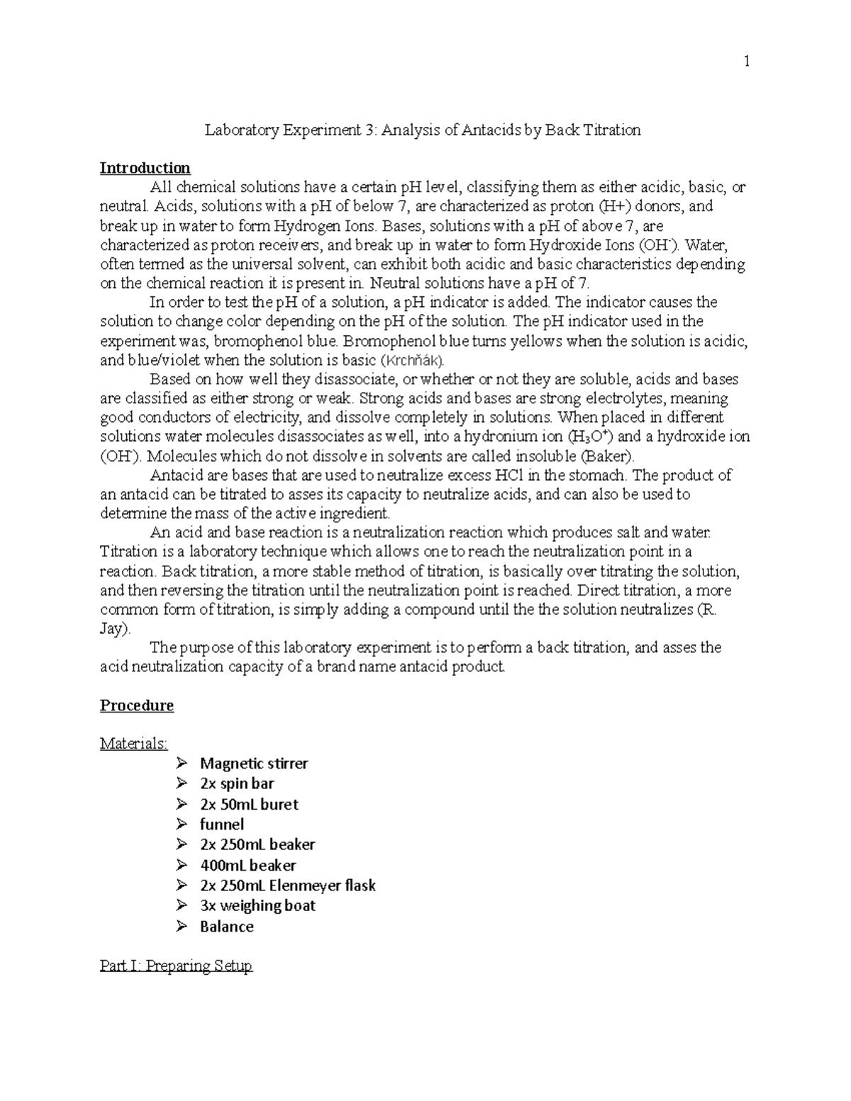 Lab 3 Report Laboratory Experiment 3 Analysis of Antacids by Back
