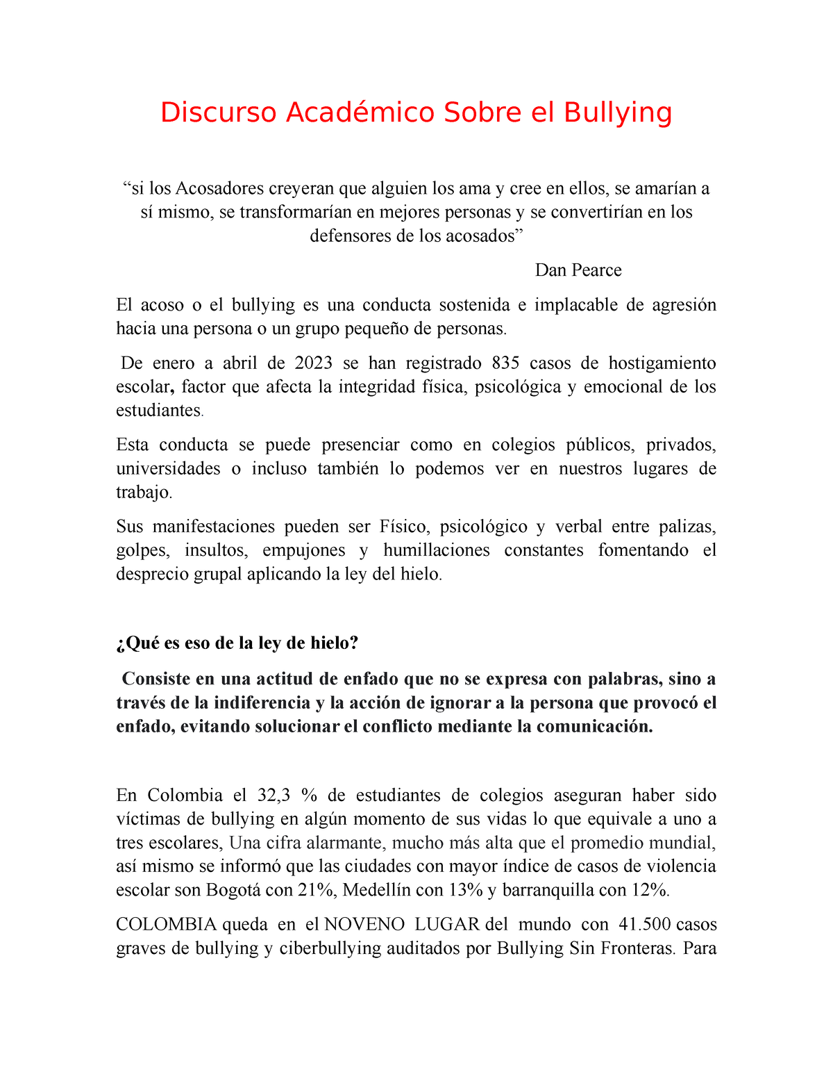 Discurso Académico Sobre El Bullying Discurso Académico Sobre El Bullying “si Los Acosadores 5477