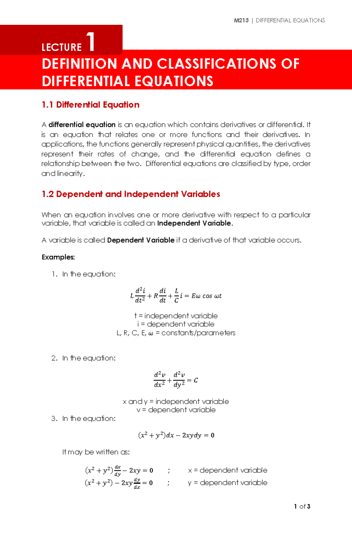 Lecture 1 Definition And Classifications Of Differential Equations 1 Of 3 M213 Lecture 1 Definition And Classifications Of Differential Equations 1 Of 3 M213