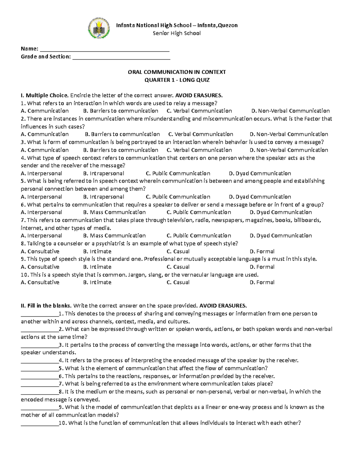 Oral Communication Quiz 1 Infanta National High School Infanta