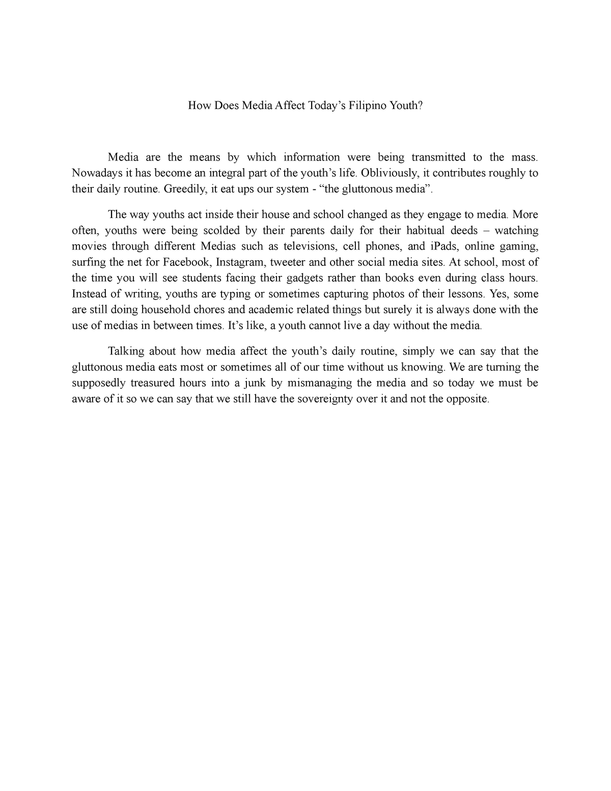 essay about effect of media to the filipino youth