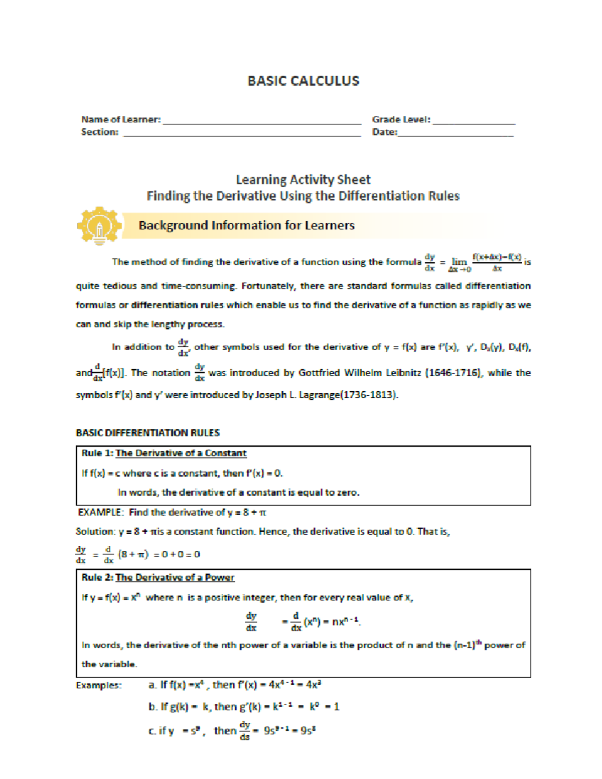 Basic-Calculus-Week-9 - BASIC CALCULUS Name of Learner: Grade Level ...