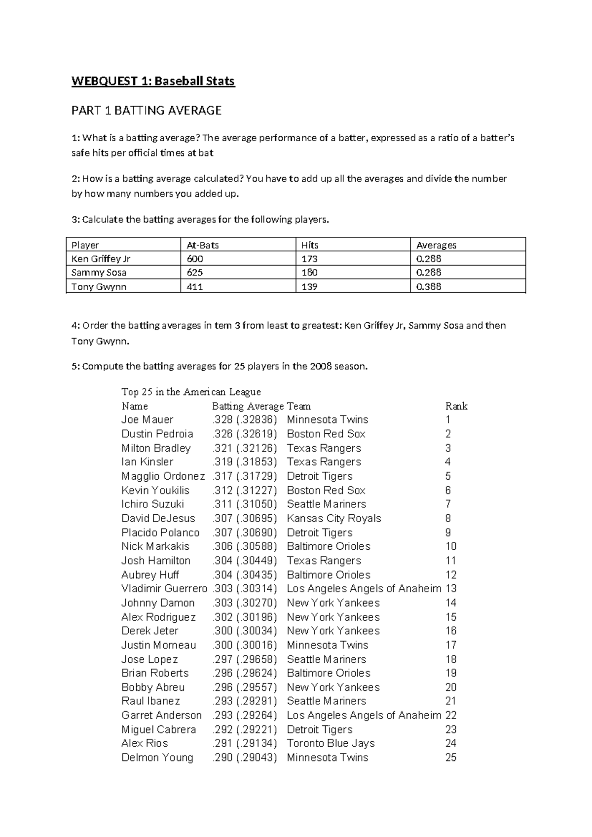 quest 1 Baseball Yes WEBQUEST 1 Baseball Stats PART 1 BATTING AVERAGE 1 What is a