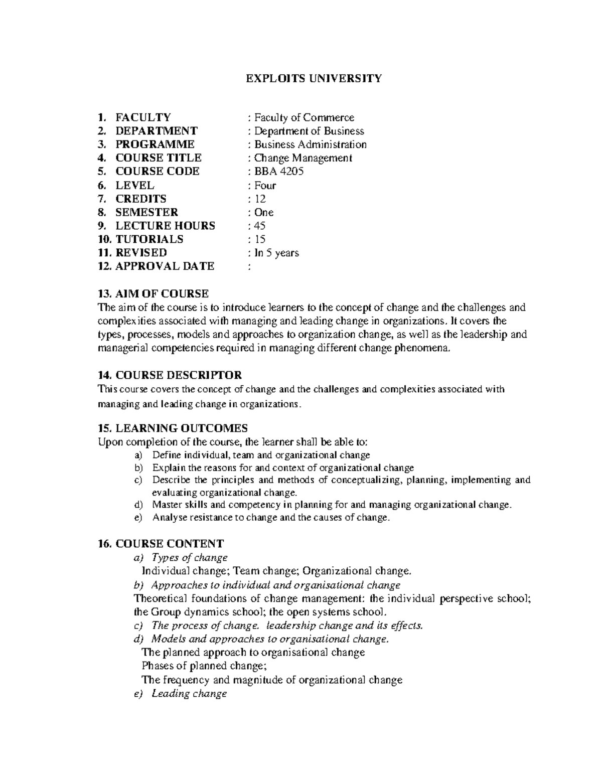 Course Outline Change Management faculty of commerce department of ...