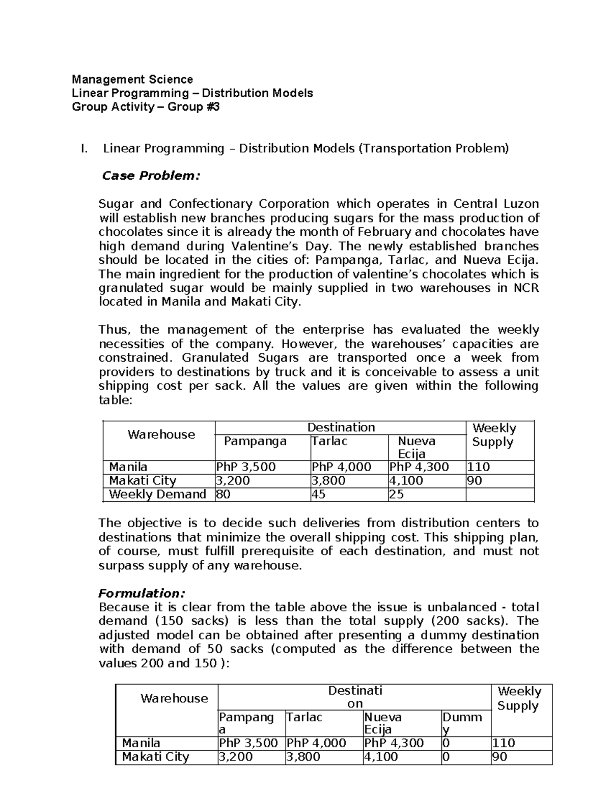 Activity 3 Linear Prog - Management Science Linear Programming ...