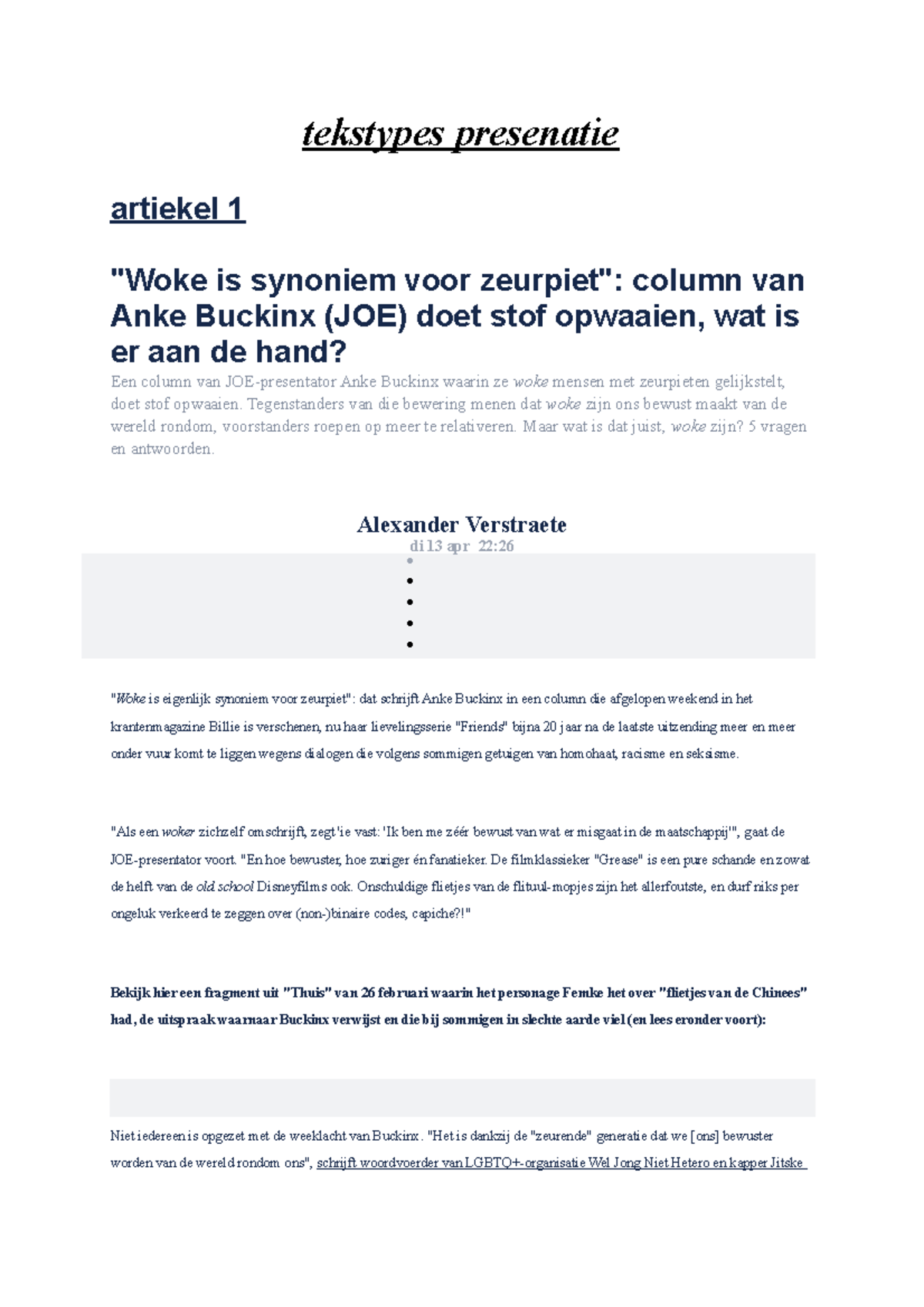 Woke - verschillende teksttypes - tekstypes presenatie artiekel 1 