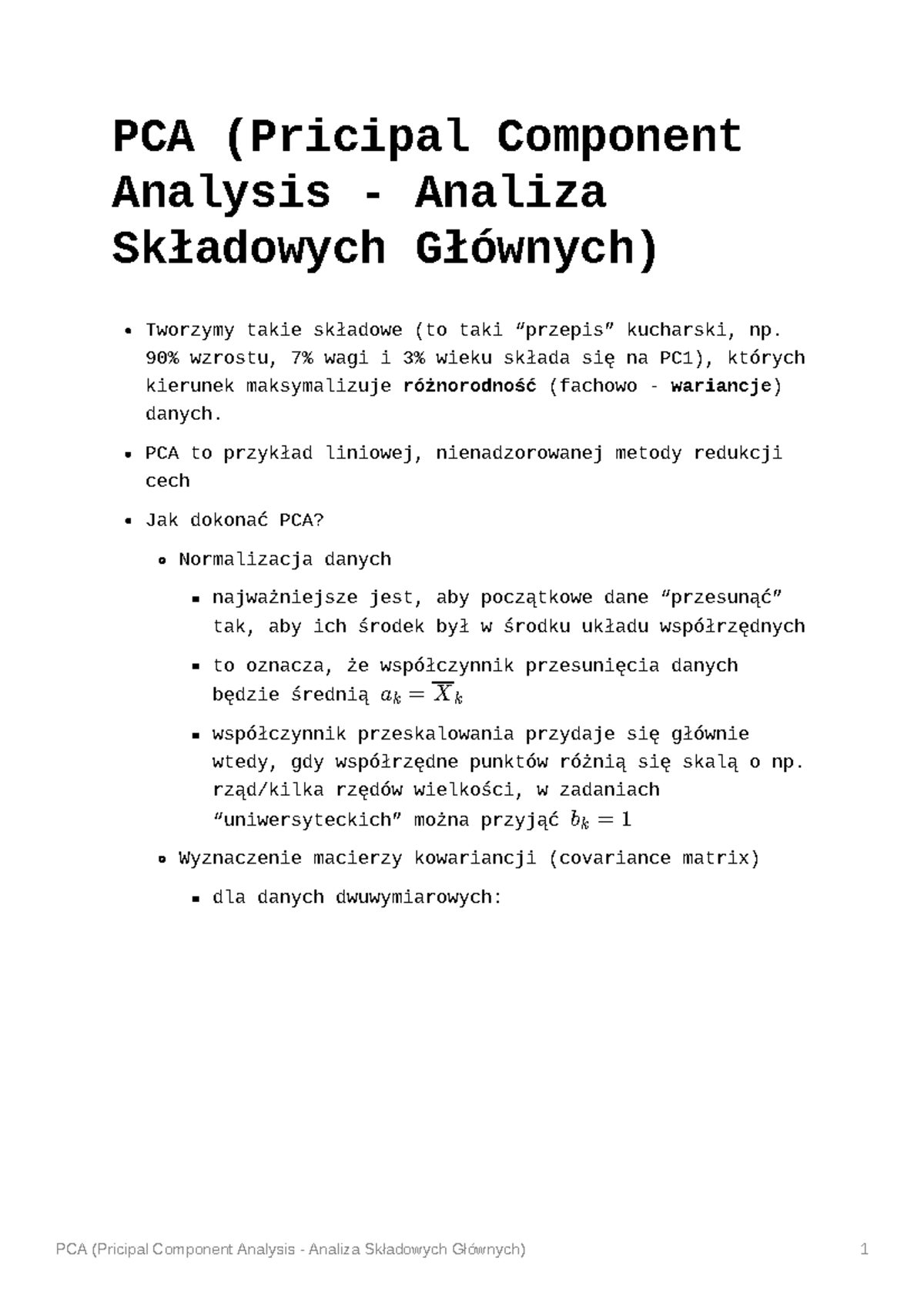 Pca notes - metoda pca - PCA (Pricipal Component Analysis - Analiza ...