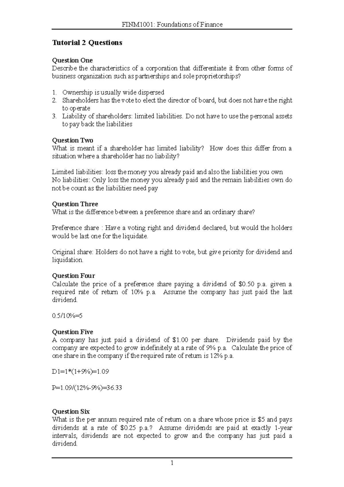 Tutorial 2 Questions - FINM1001: Foundations Of Finance Tutorial 2 ...