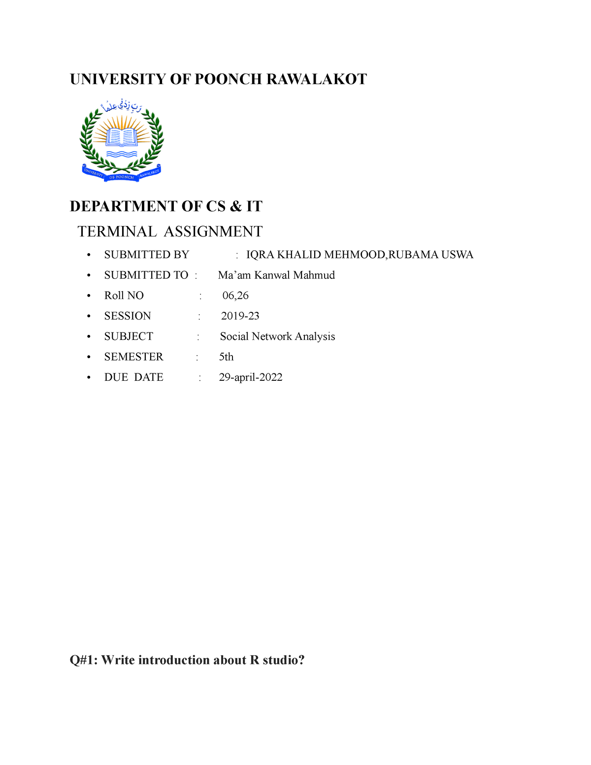 iqra university assignment front page