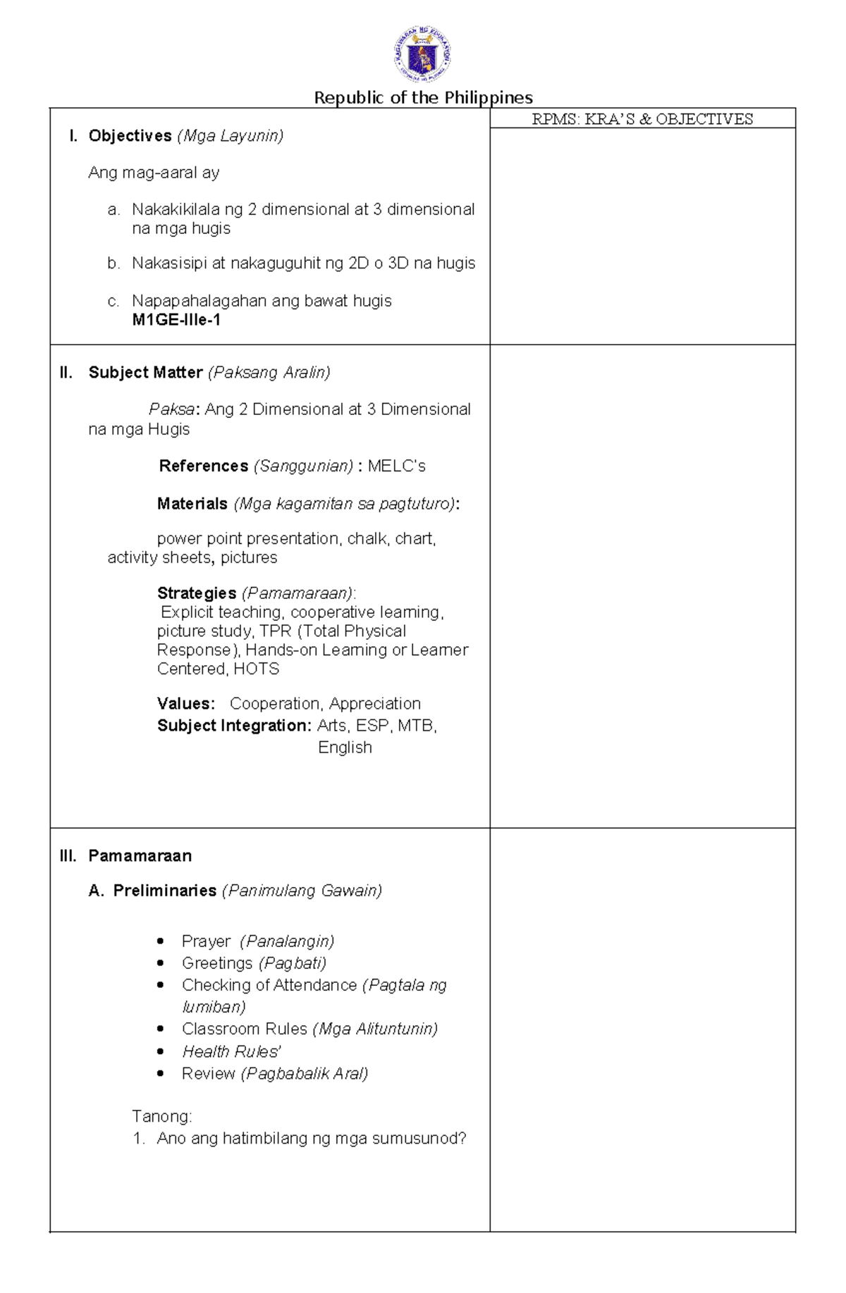 MATH 1-CO3 Lesson PLAN-fina; - Republic of the Philippines I ...