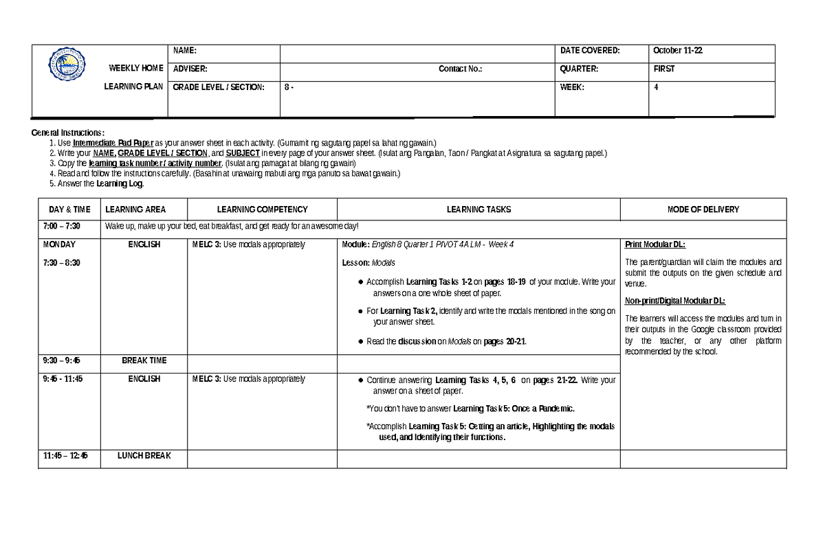 G8 WEEK 4 Weekly Home Learning Plan - WEEKLY HOME LEARNING PLAN NAME ...