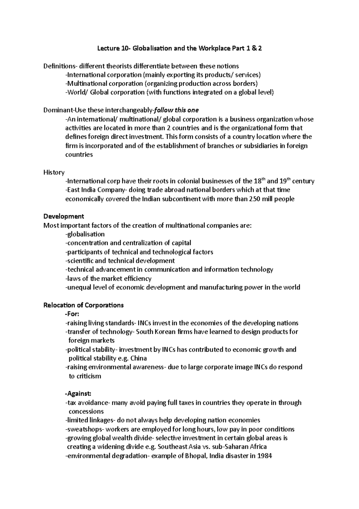 Lecture 10 - Lecture Globalisation and the Workplace Part 1 2 different ...