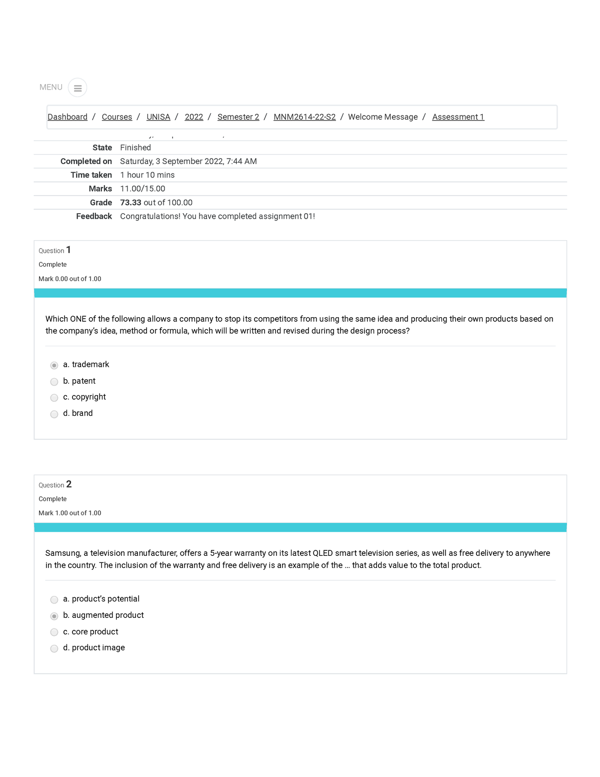 Assessment 1 Attempt review - Started on Saturday, 3 September 2022, 6: ...