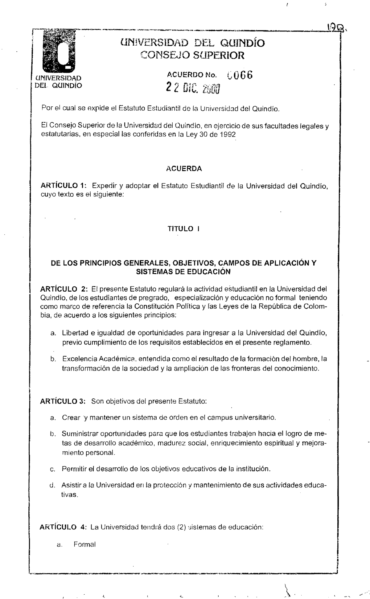 Estatuto Estudiantil- Acuerdo Consejo Superior NRO 066 22 12 2000 ...