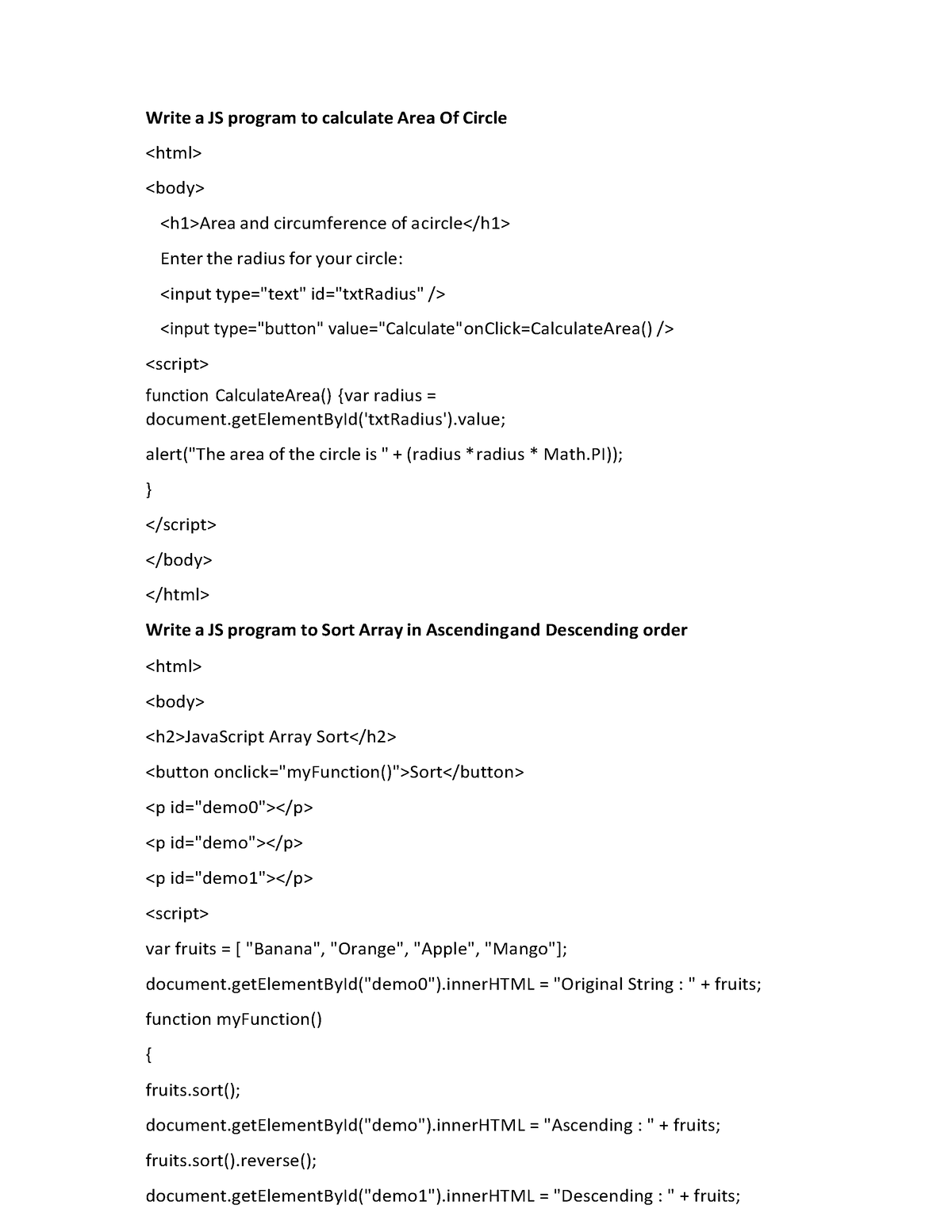 CSS Exam - Write A JS Program To Calculate Area Of Circle Area - Studocu