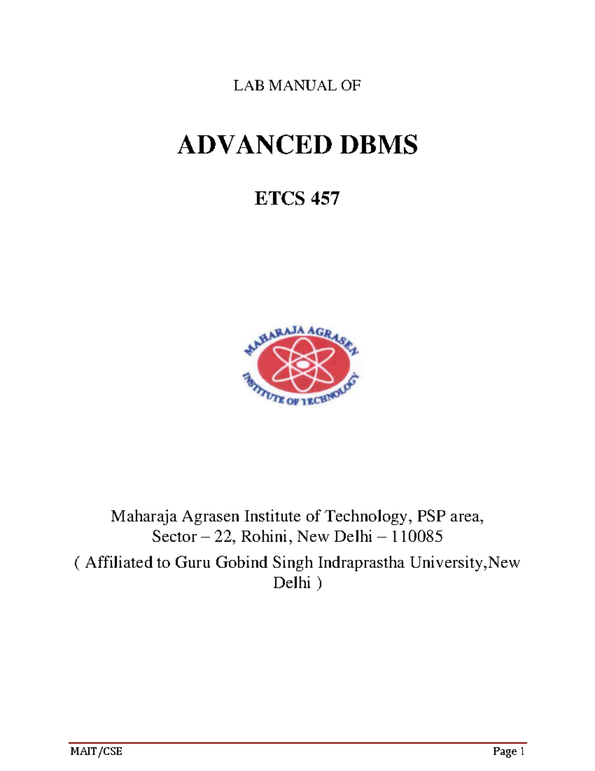 LAB Manual OF Advanced DBMS ETCS 457 INDIA LAB MANUAL OF ADVANCED