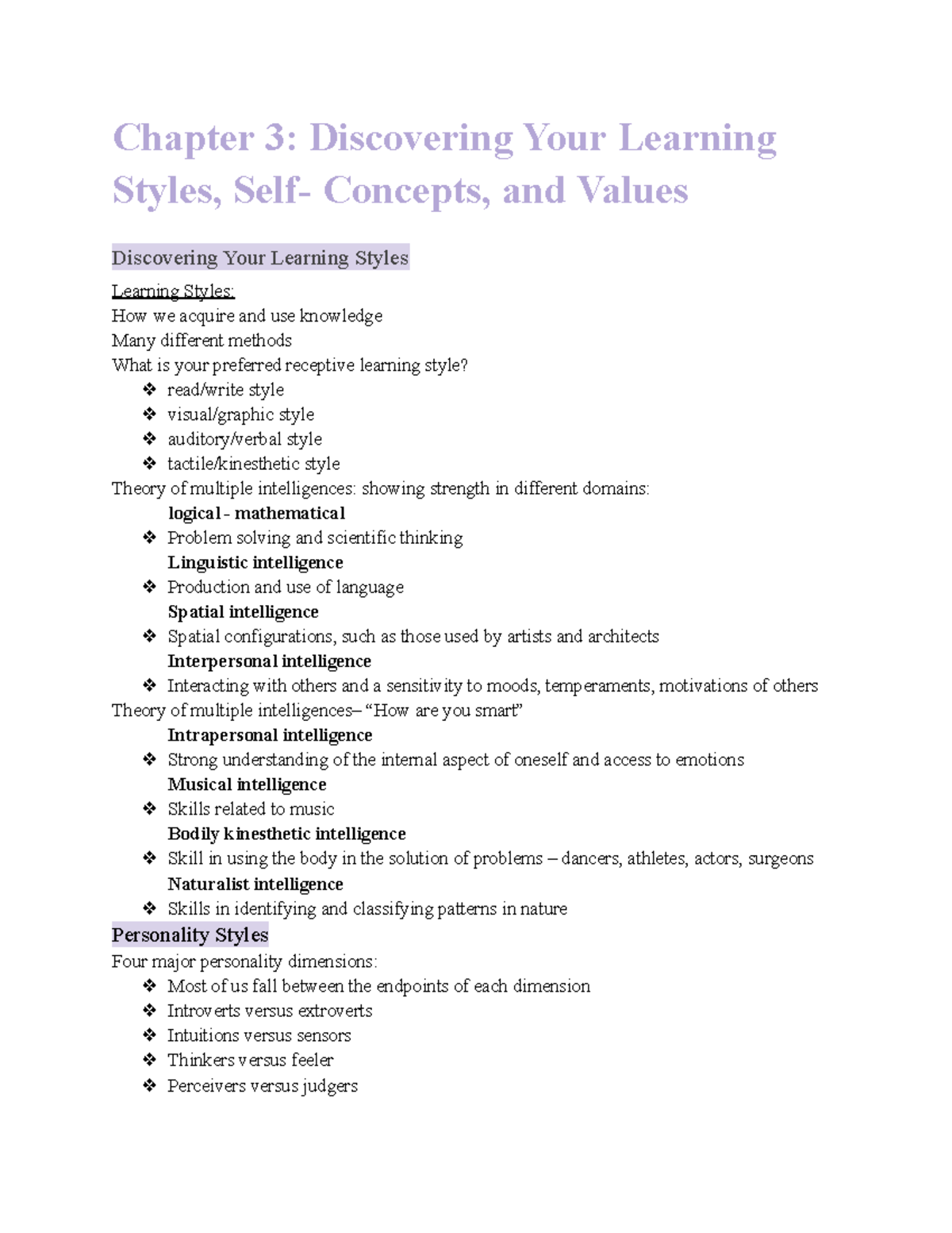 EDCI Chapter 3 Notes - Chapter 3: Discovering Your Learning Styles ...