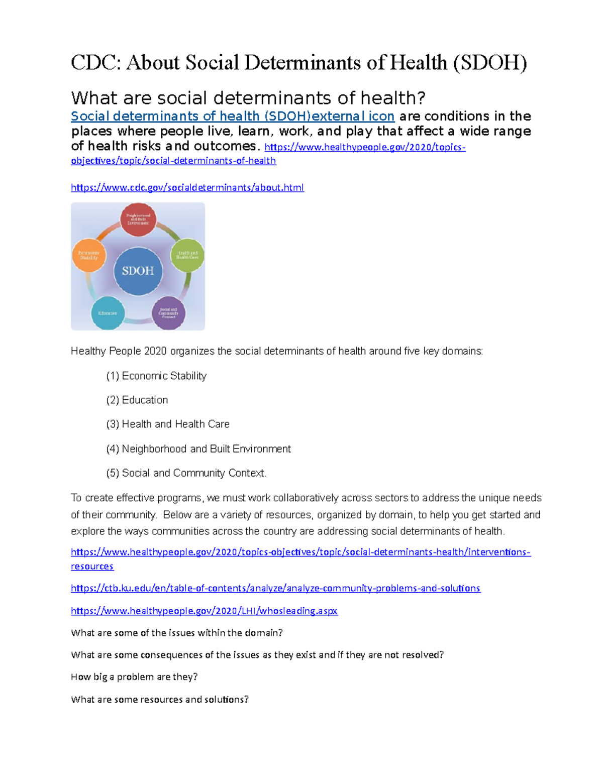 SDOH worksheet - Social detriments of health - CDC: About Social  Determinants of Health (SDOH) What - Studocu