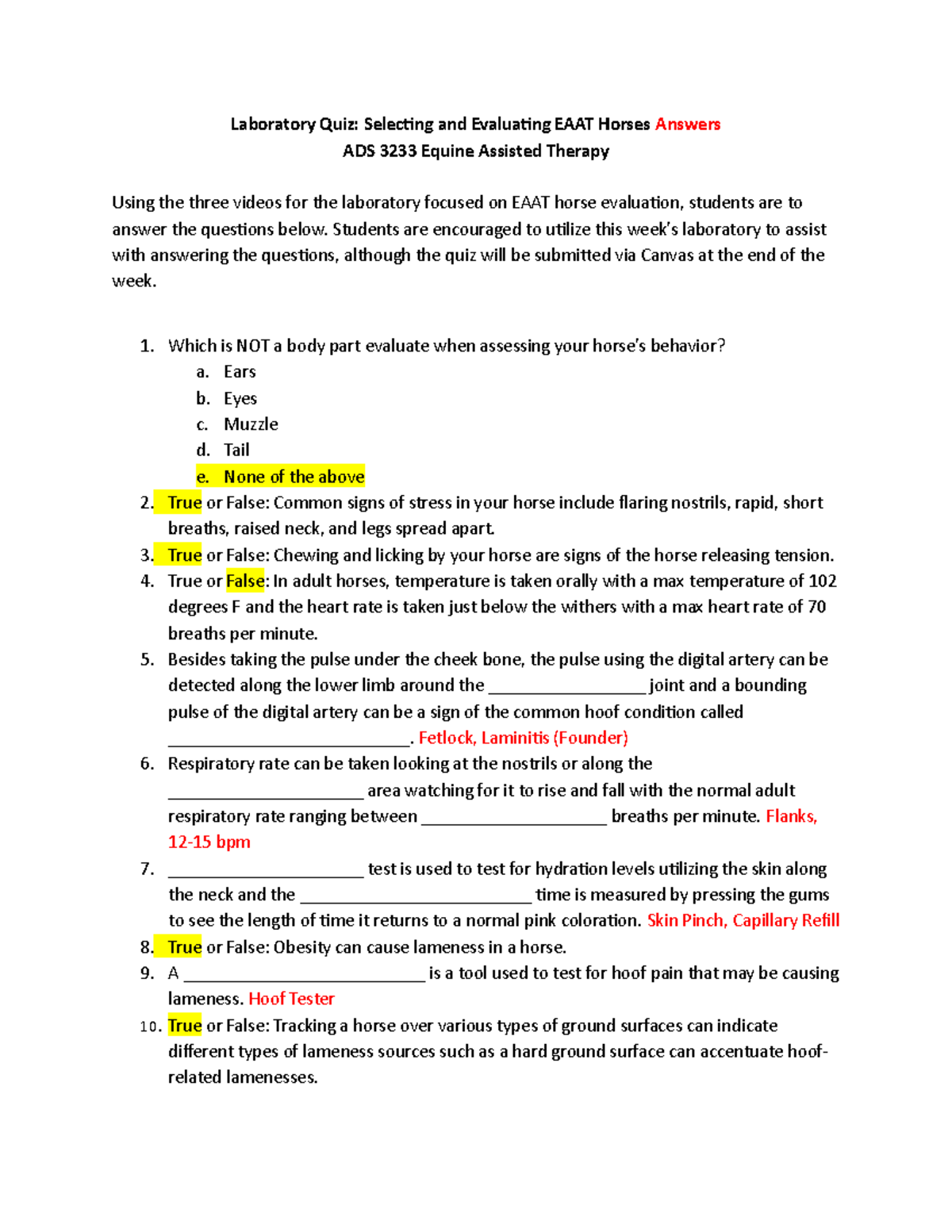 Horse Evaluation Laboratory Quiz Answers Laboratory Quiz Selecting
