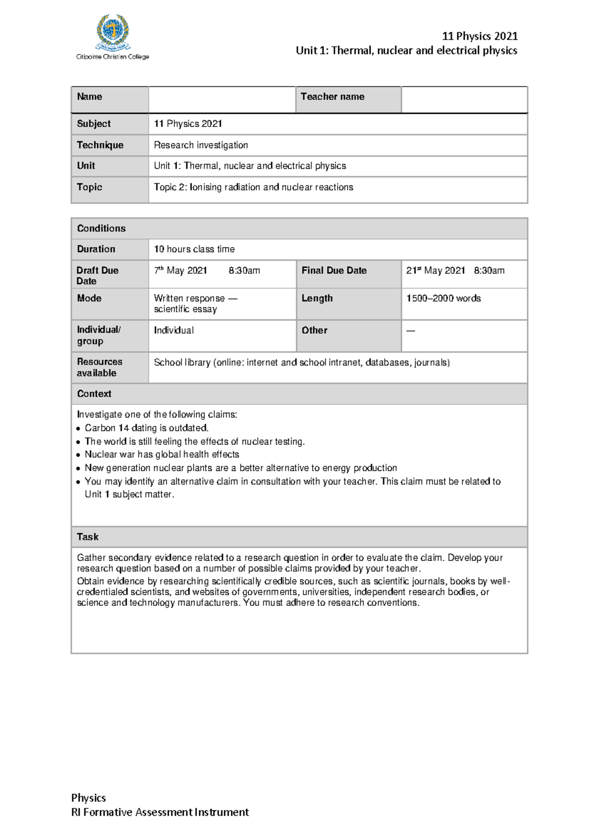 2021 Year 11 Physics RI - yes - Unit 1: Thermal, nuclear and electrical ...