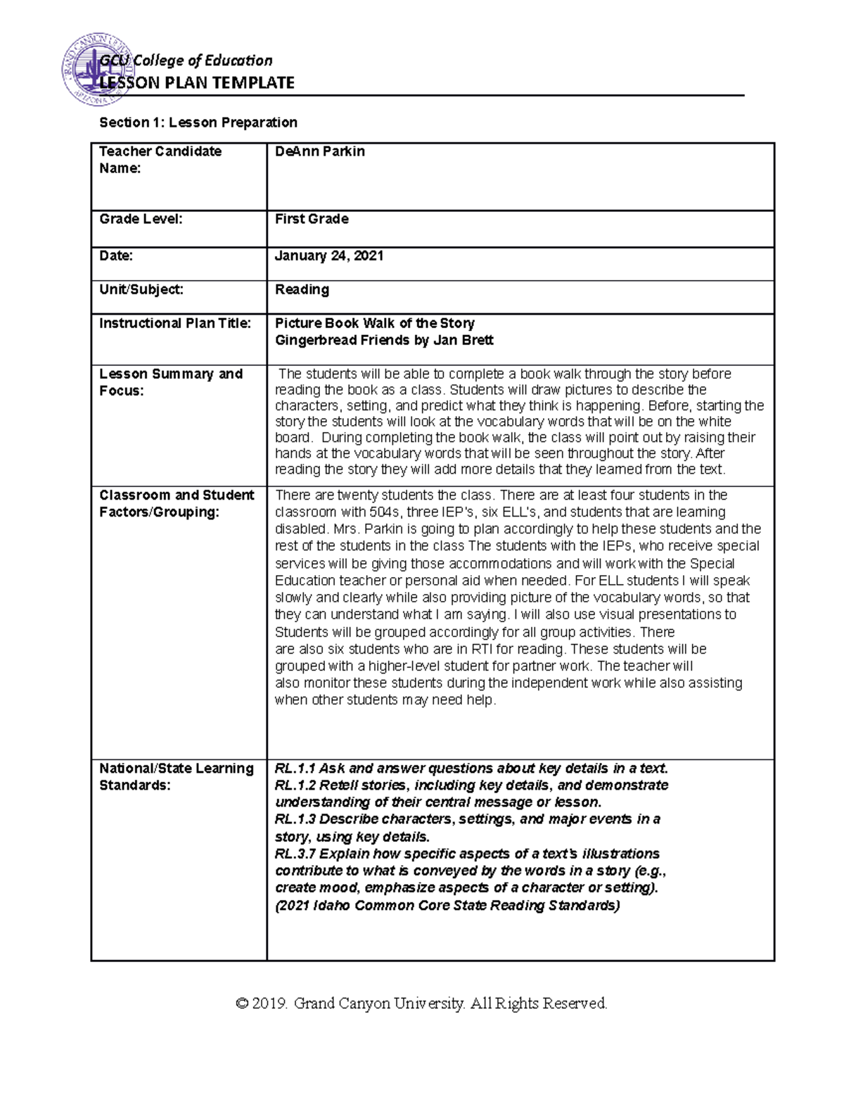 Gingerbread template - LESSON PLAN TEMPLATE Section 1: Lesson ...