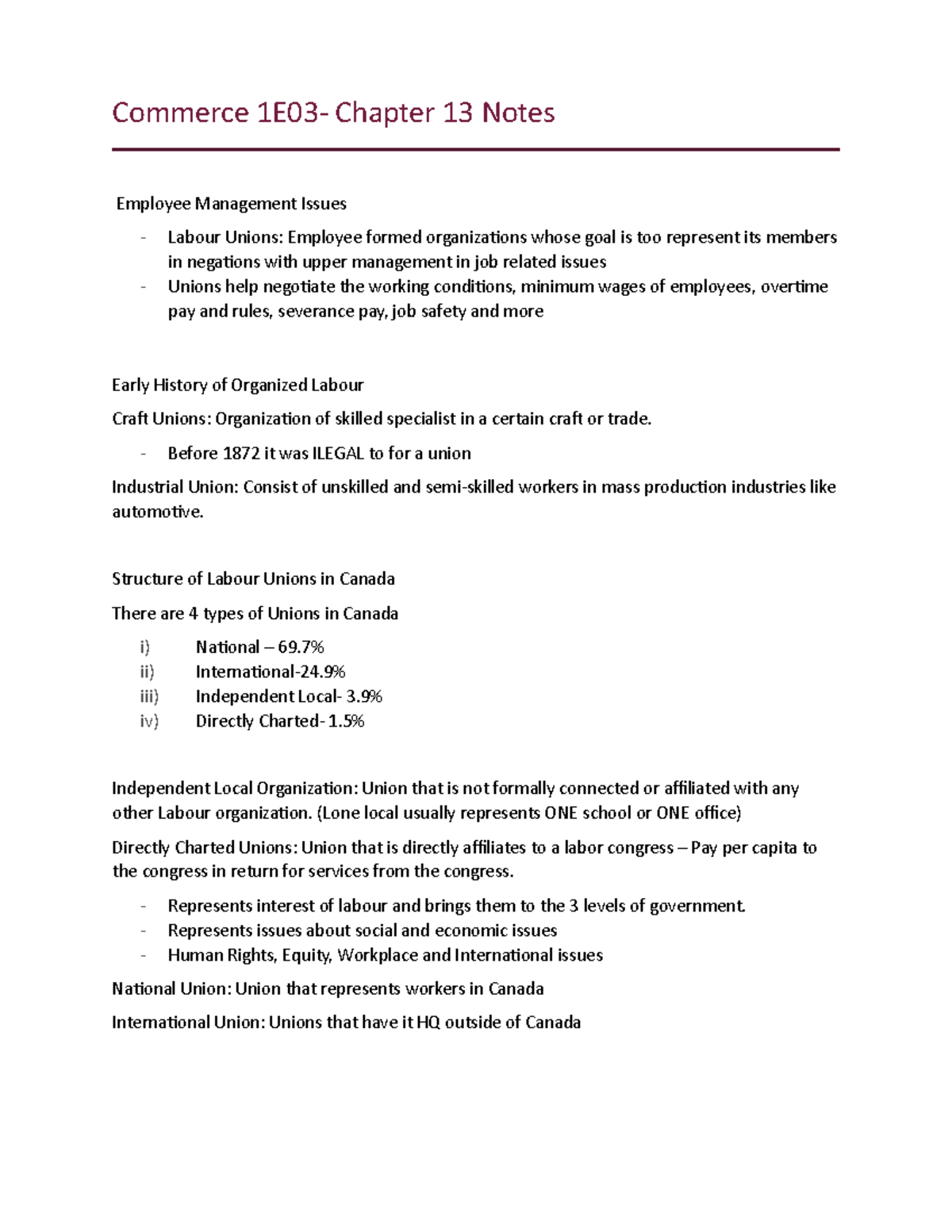 Commerce Chapter 13 Notes: Employee Management Issues and Labour Unions ...