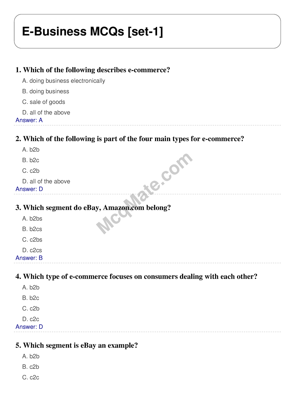 E-Business Solved MCQs [set-1] Mcq Mate.com - McqMate E-Business MCQs ...