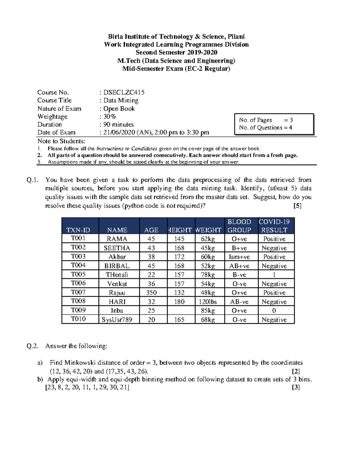 Data Mining Mid Term Exam - Birla Institute Of Technology & Science ...