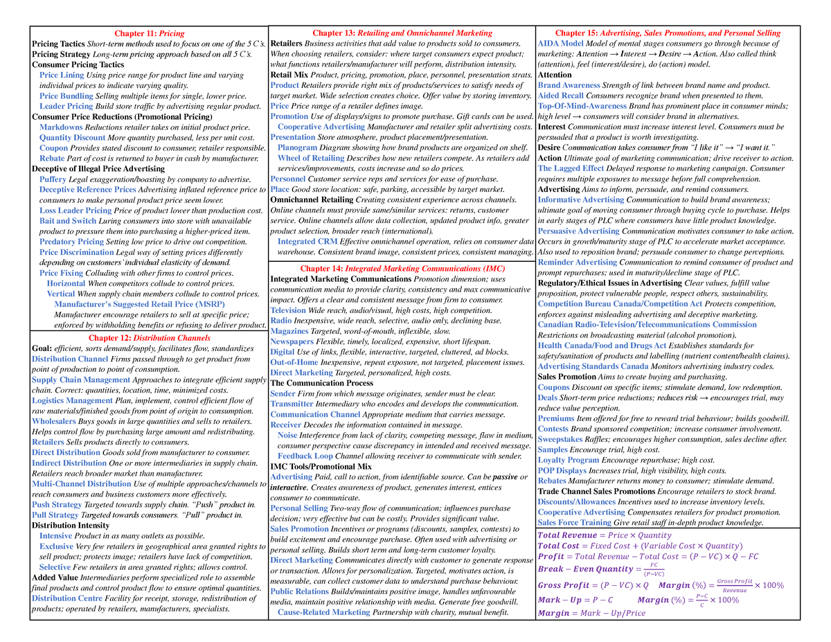 COMM 296 Final Exam Cheatsheet - Chapter 11: Pricing Pricing Tactics ...