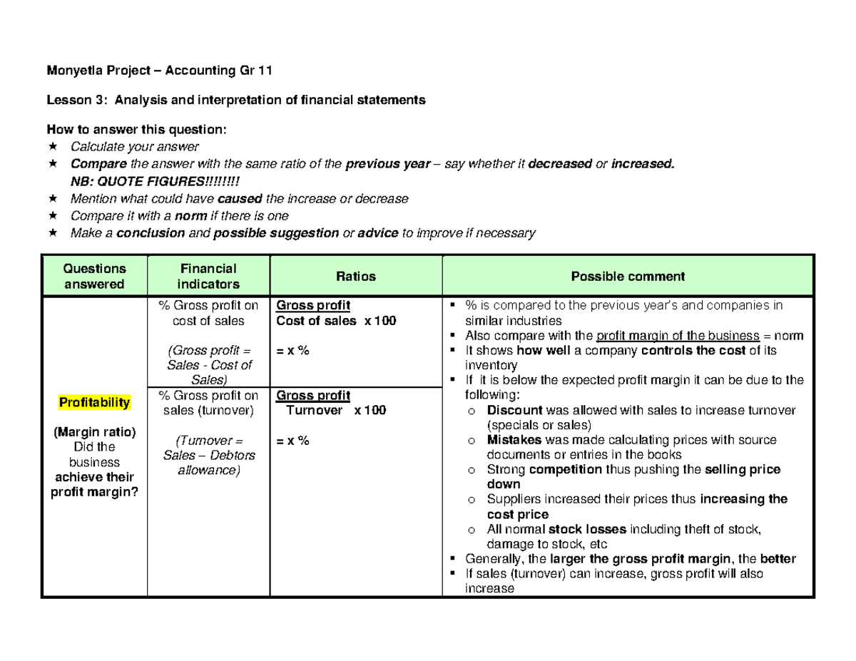 1 - Lecturer - Monyetla Project – Accounting Gr 11 Lesson 3: Analysis ...