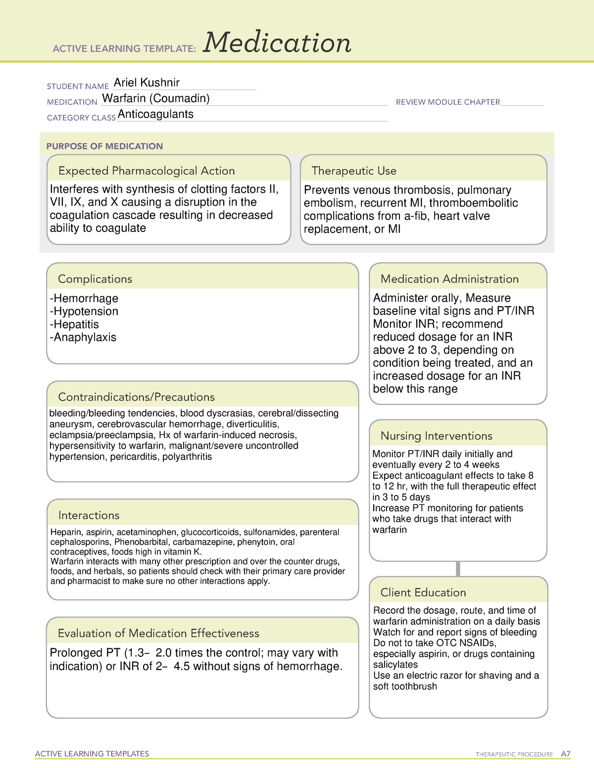 Warfarin med sheet ACTIVE LEARNING TEMPLATES THERAPEUTIC PROCEDURE A