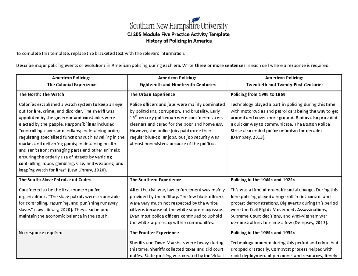 Freise Module 5 - CJ 205 Module Five Practice Activity Template History ...