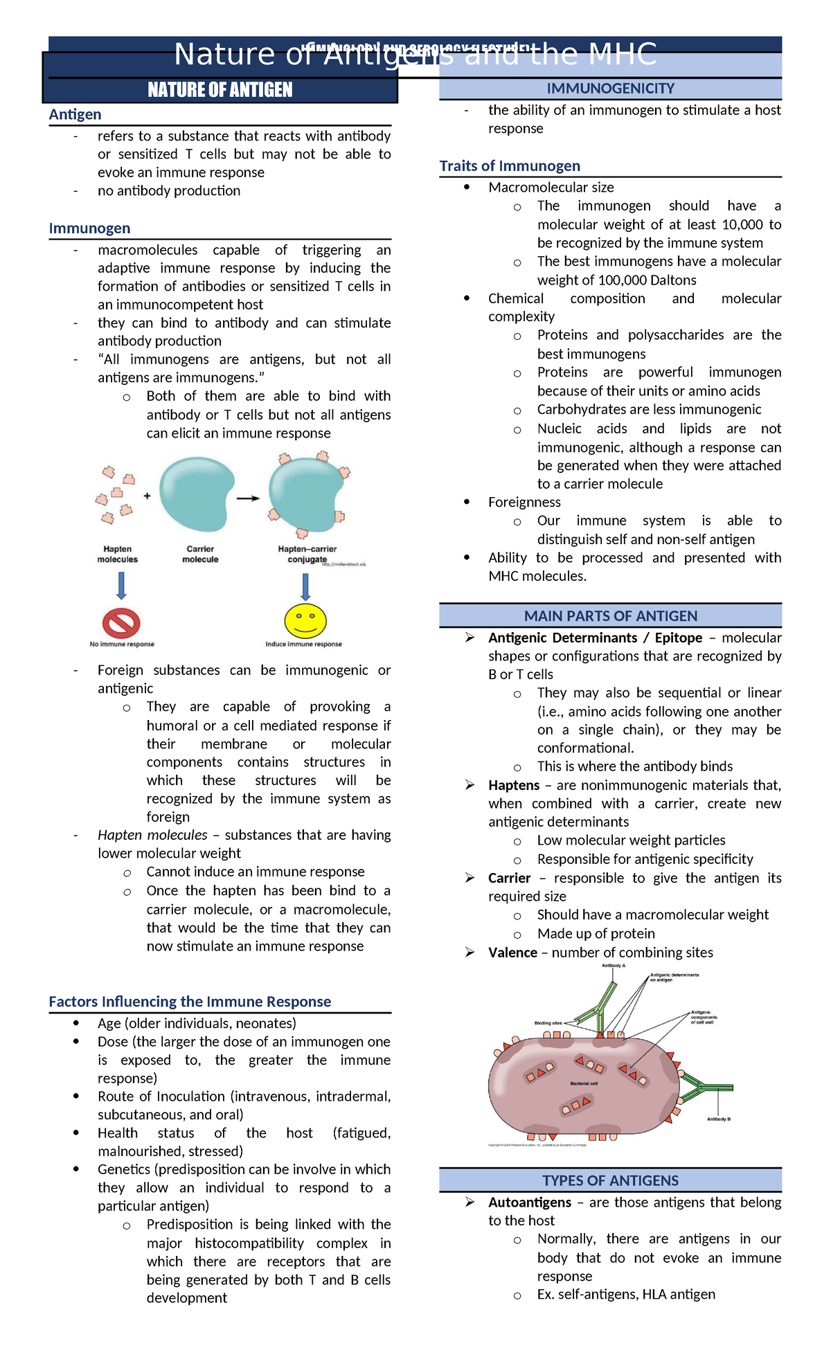Nature OF Antigen - TRANSES - IMMUNOLOGY AND SEROLOGY (LECTURE) NATURE ...